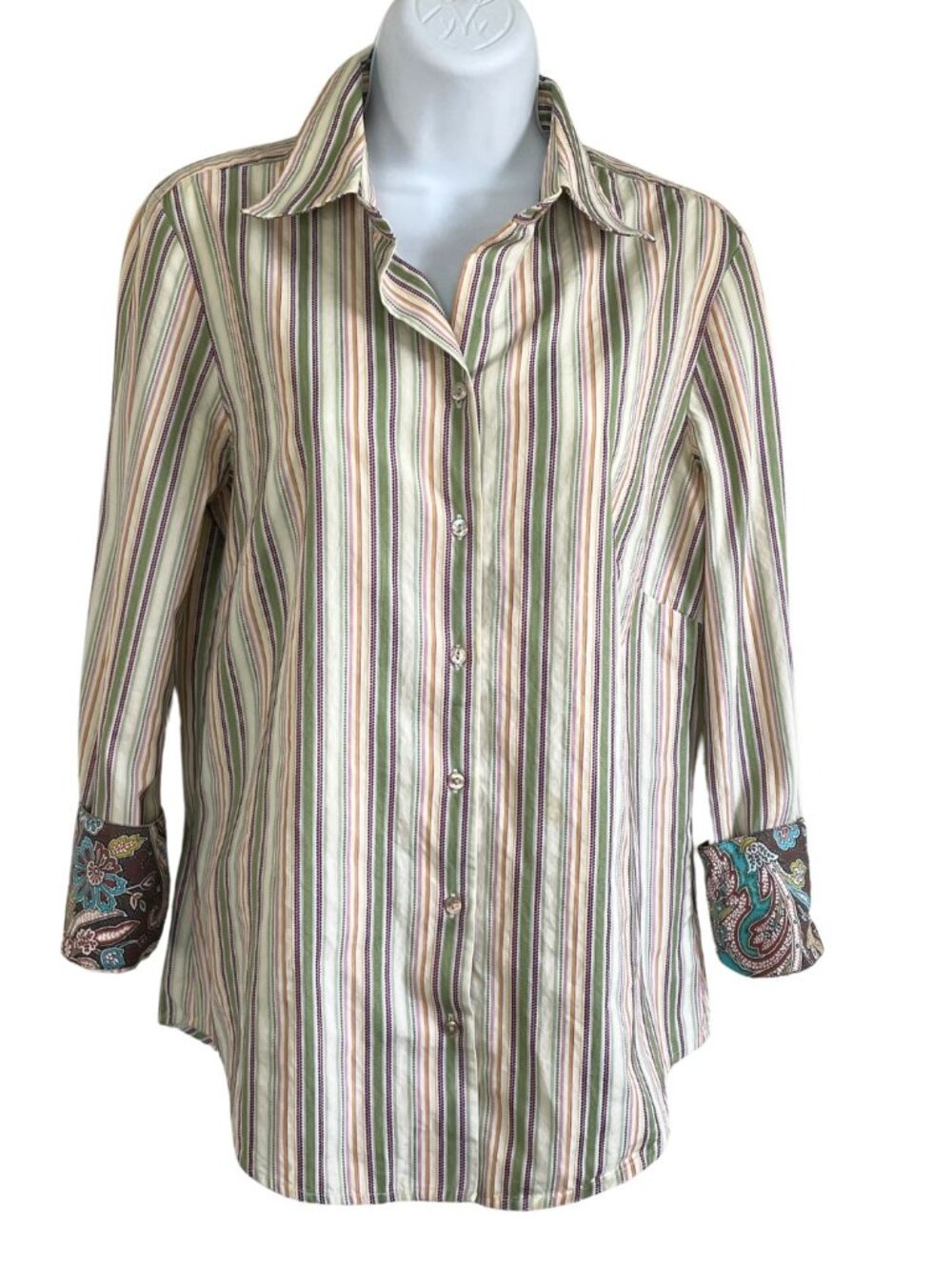 Robert Graham Multi-Stripe Button-Down Shirt with Paisley Cuffs Women Sz M Brown